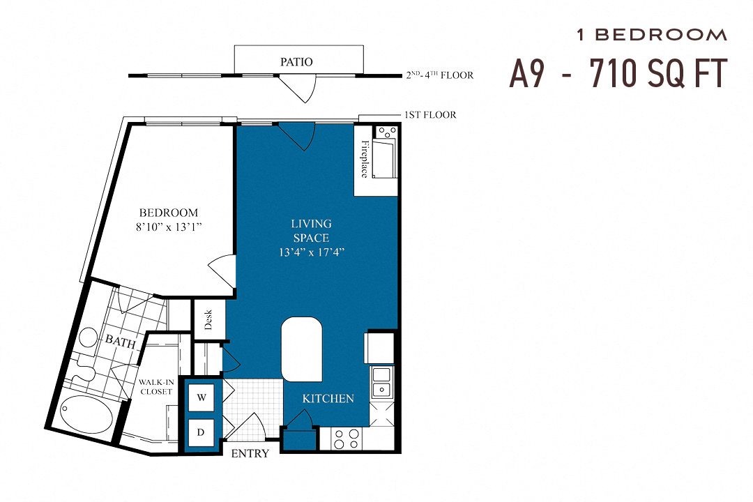 Floor plan for 1 bed, 1 bath, 710 sqft